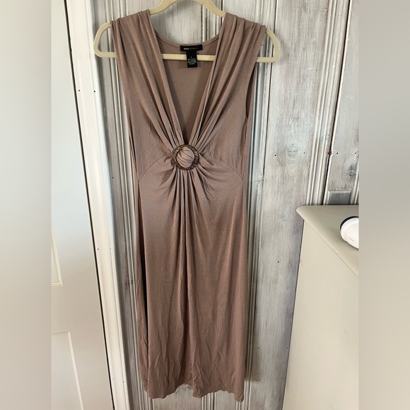 VTG Y2K BCBG taupe V-neck tie twist ruched stretch midi dress sz L boho beach - Picture 2 of 7